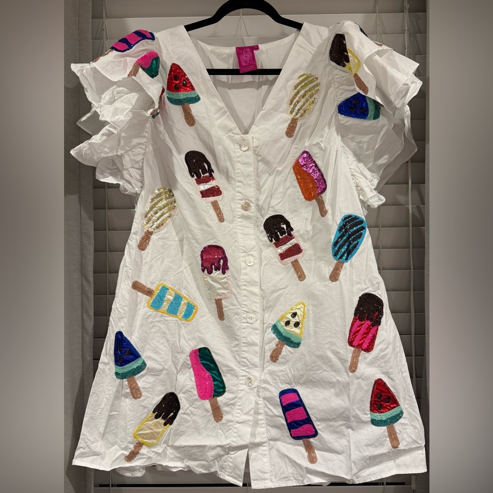 QUEEN OF SPARKLES White Dress with Multicolored Sequin Popsicle Embellishments